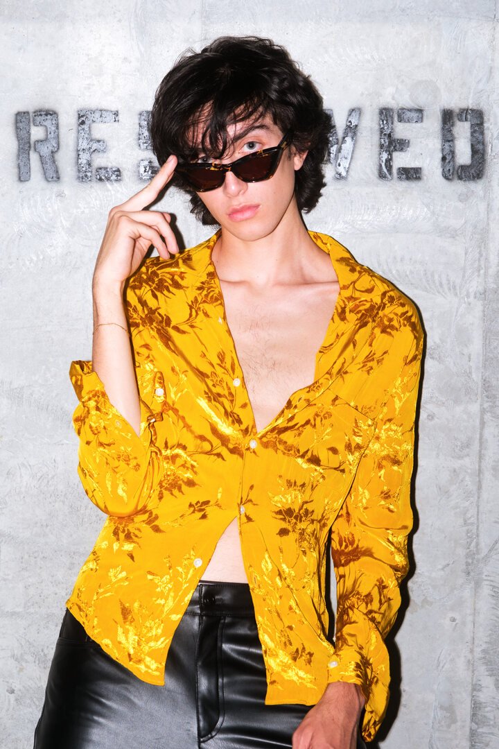 Personal styling by Angelina Coscuna — patterned silk shirt and leather trousers